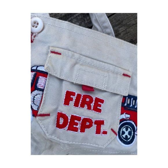 Y2K Boys Shortalls Lot of 2 Navy Blue & Cream Fire Dept Embroidery Sz 12 months - Picture 5 of 6